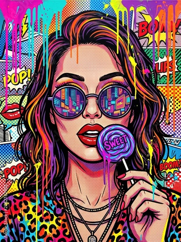 Pop art woman illustration with sunglasses and lollipop, retro comic book style poster, vibrant neon graffiti paint drips