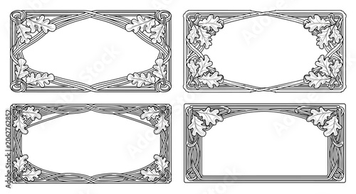 Ornate Art Nouveau frame collection showcasing detailed oak foliage and symmetrical vine motifs suitable for classic spirit packaging and elegant product branding.
