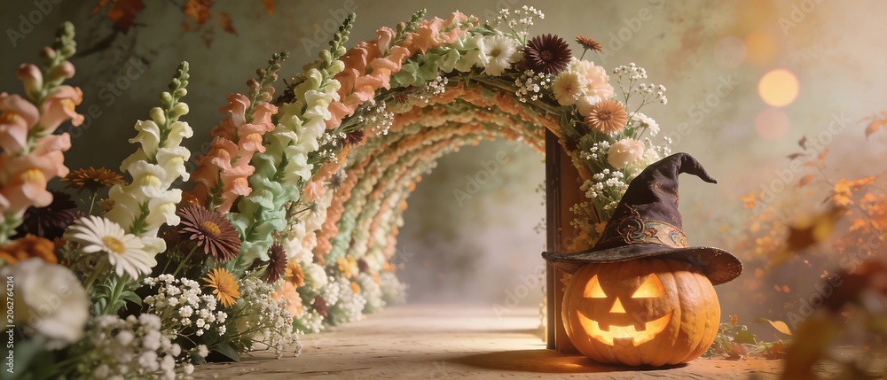 Obraz premium Whimsical Halloween pumpkin with witch hat in floral archway