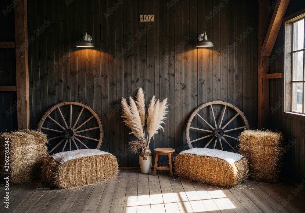 Obraz premium Rustic interior with wagon wheel chairs and dried flowers
