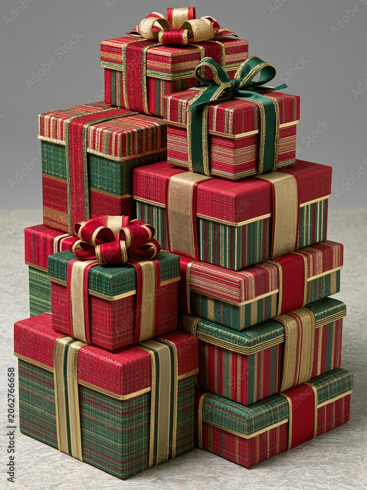 Fototapeta premium Festive Stack of Holiday Presents Wrapped in Red, Green, and Gold Plaid Ribbon
