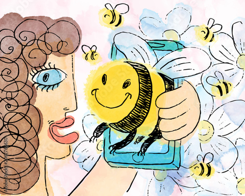 Curly haired woman holding a smartphone while a smiling bee flies out of the screen among blooming flowers in whimsical watercolor illustration about creativity and inspiration