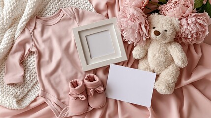 Soft Pink Baby Girl Essentials Flat Lay: Onesie, Booties, Teddy Bear, Flowers, and Photo Frame