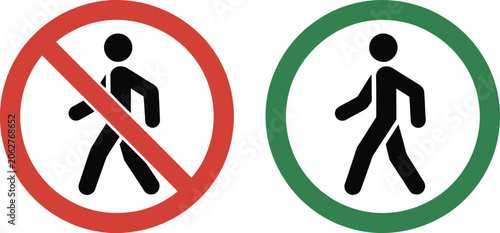 Cuadro en lienzo Traffic signal, icon set, walking man and standing figure in green and red for street crossing safety road signs and traffic control