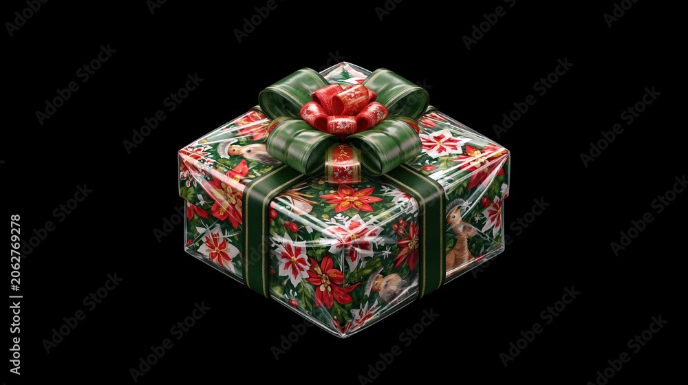 Fototapeta premium Festive Christmas Gift Box Wrapped in Poinsettia and Holly Pattern with Green Ribbon Bow