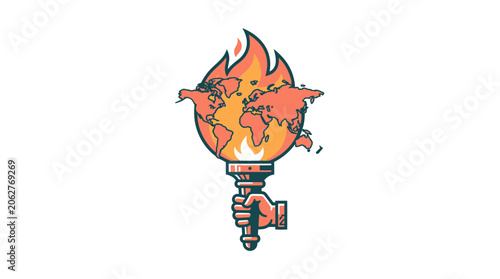 Slika na platnu Hand Holding Flaming Torch with World Map Globe