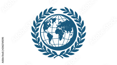 Photos Global Network Connection Globe Emblem with Laurel Wreath - Blue and White