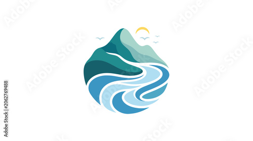 Mountain landscape with winding river and rising sun badge
