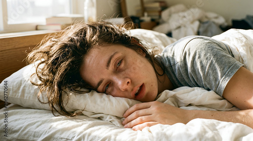 tired young woman lying awake on white bed suffering from morning insomnia