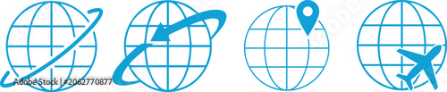 Global travel icon set with airplane location pin and orbit globe minimalist outline vector isolated on light background for navigation and tourism UI design
