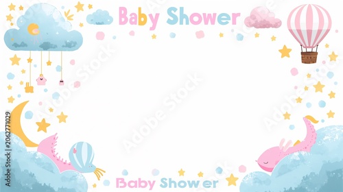 AI Generative. Watercolor Baby Shower Background with Hot Air Balloons, Clouds and Stars. 1