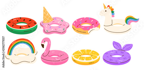 Cute inflatable pool rings set. Swimming float rings in various shapes: watermelon, donut, ice cream, unicorn, rainbow, flamingo, lemon, mermaid. Isolated vector illustration in cartoon style