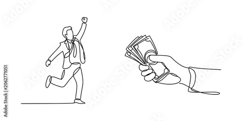 Excited businessman running towards money held in hand, one line drawing