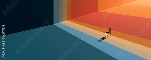 Minimalist digital illustration of a single chair in a colorful geometric landscape