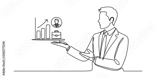 Businessman presenting a growth chart and briefcase with person icon, one line drawing