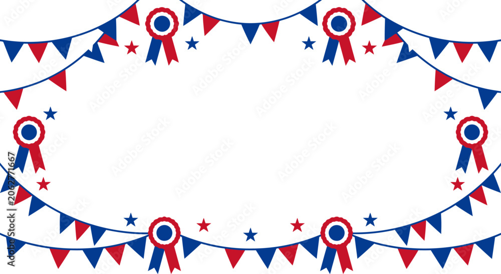 Obraz premium Bunting garland with triangular flags and circular rosettes hangs across a blank background for a festive celebration.