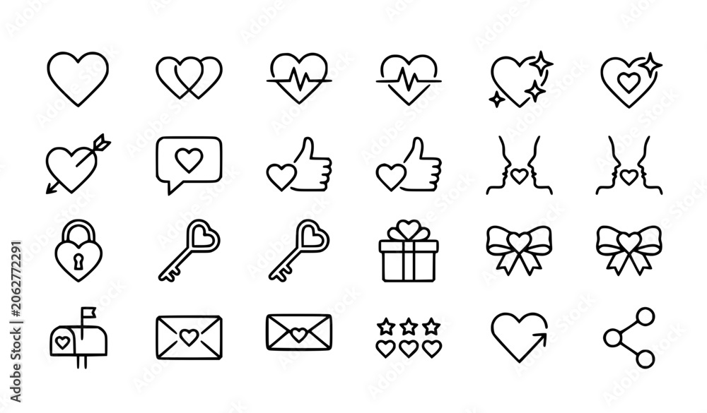 Fototapeta premium Love and Heart Line Icons Set Vector Valentine Day Pictogram Collection