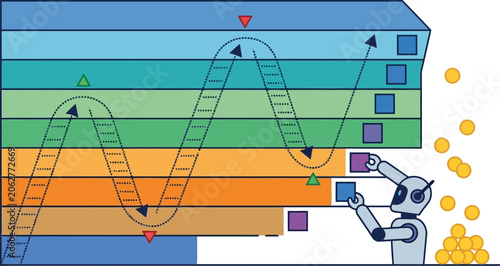 Robot builds a tiered structure while a wave line tracks progress and gold coins accumulate.