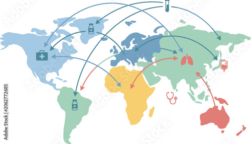 World map displays global health connections with icons for medicine, lungs, and medical equipment.