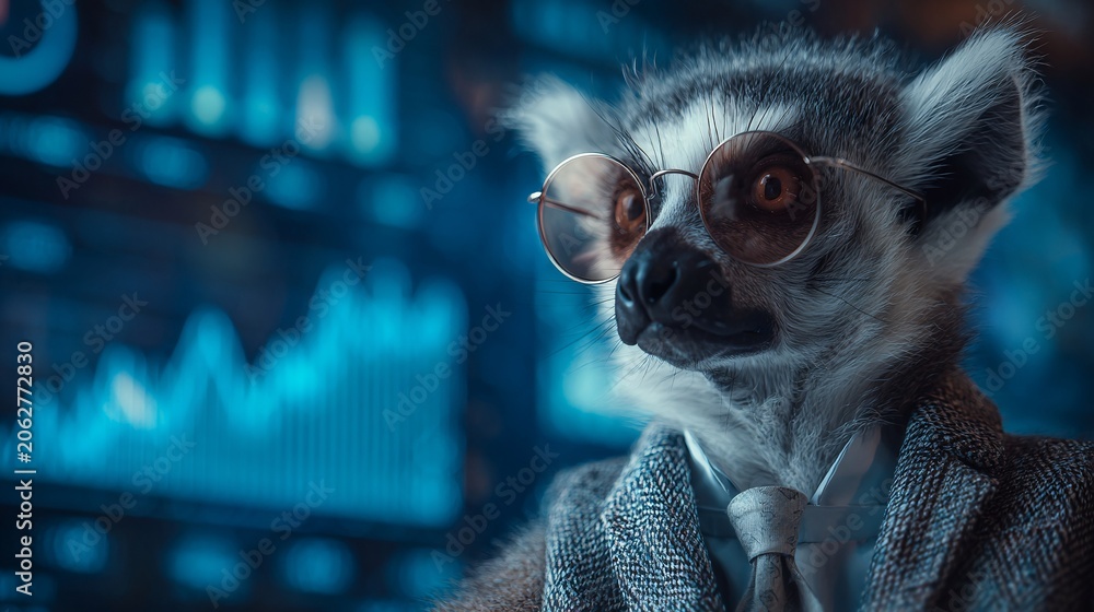 Fototapeta premium A dressed-up lemur in a suit and glasses looks confidently at a digital display of graphs and data.