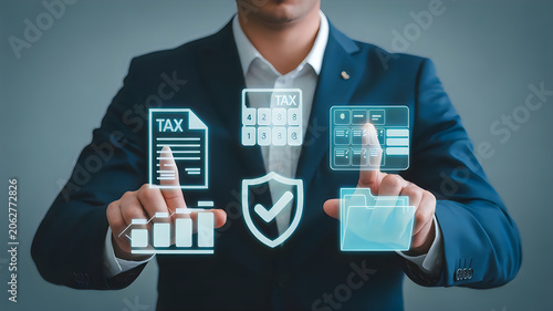 Businessman managing tax compliance and financial records with digital interactive icons for accounting services and document safety in modern office.