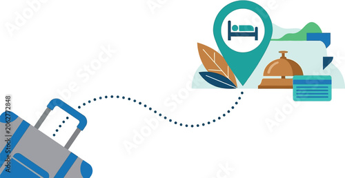 Suitcase icon follows a dotted path to a hotel pin and reception bell in this travel planning graphic illustration.
