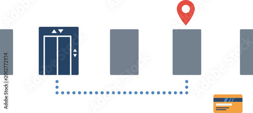 Elevator icon connects via a dotted line to a destination map pin in this building navigation graphic illustration.