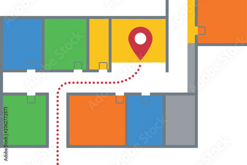 Floor plan layout displays a path leading to a specific destination marked with a red location pin.