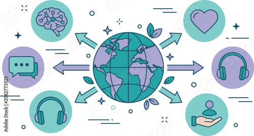 Globe sits at the center of circular icons representing global communication and digital connectivity.