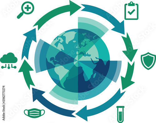 Globe encircled by arrows and health icons illustrates the cycle of global medical surveillance and monitoring.