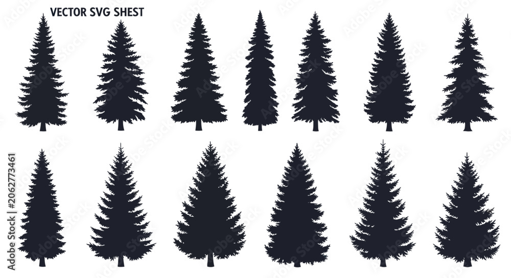 Obraz premium Collection of conifer and pine tree silhouettes for forest design