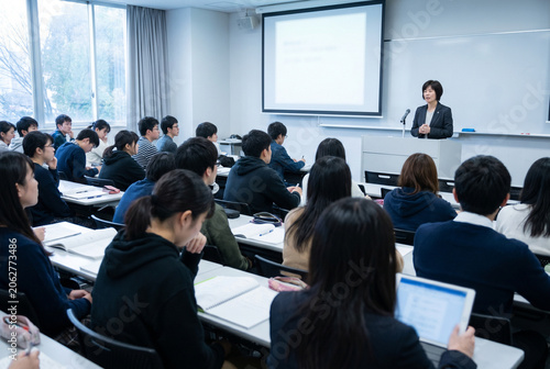 Group of diverse Asian university students listening attentively to a female professor during a lecture in a classroom
