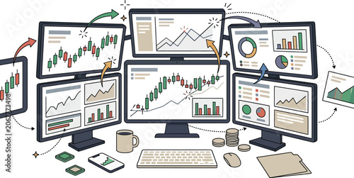 Computer monitors display real-time financial stock market data with various analytical charts and trading graphs.
