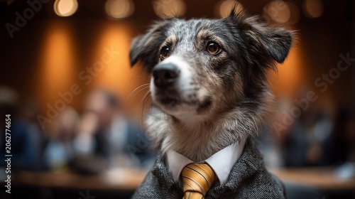 A well-dressed dog in a suit and tie, exuding charm and professionalism in a corporate setting.
