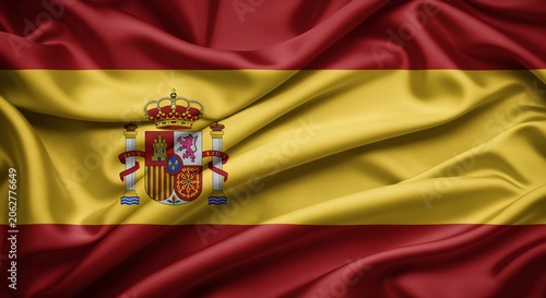 Spanish Flag Waving: Detailed Fabric Texture with National Coat of Arms