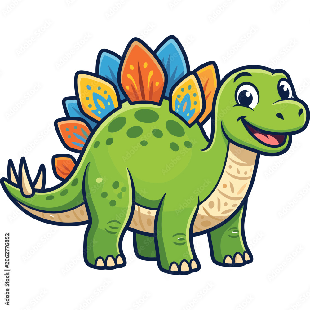 Naklejka premium A cartoon dinosaur with a spiky back is standing and smiling