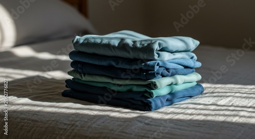 Stacked Blue and Green Folded Clothes on Bed, Soft Lighting, Minimalist Aesthetic.
