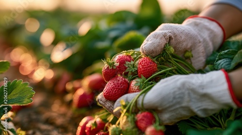 Hands in protective gloves carefully harvesting ripe red strawberries from a sunlit field