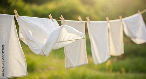 Sun-Kissed White Laundry Gently Swaying on a Clothesline in Golden Hour Light