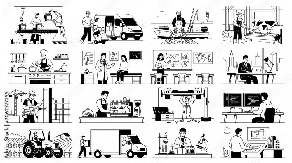 Fototapeta premium Modern Employment and Workforce Illustration Pack with Various Professional Roles
