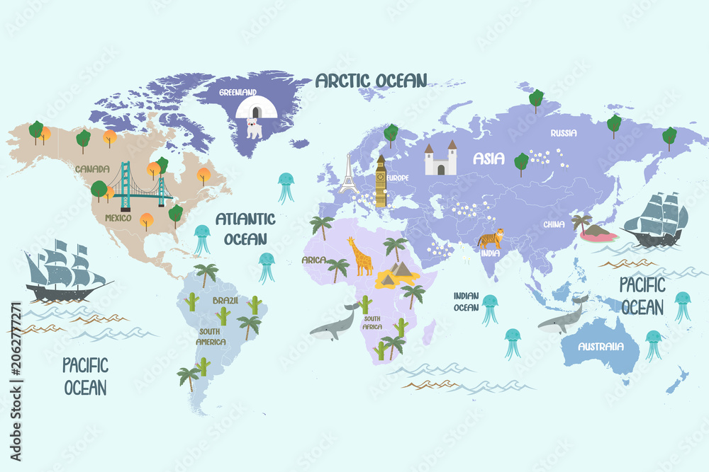 Naklejka premium The image shows a whimsical cartoon world map design, commonly used for children's nurseries, playrooms, or school classroom wallpaper. It features stylized green and yellow continents against a strip