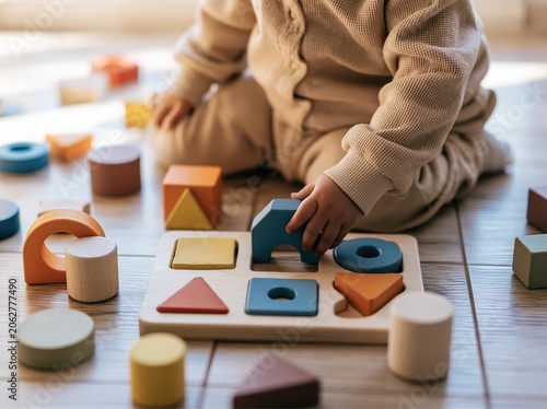 Close-up of a toddler's hands playing with colorful geometric wooden shape sorter toy on a wooden floor