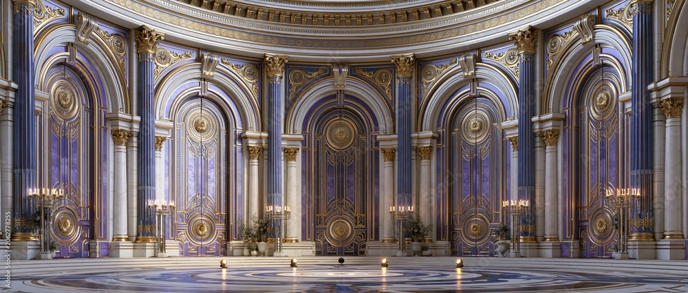 Naklejka premium Ornate Royal Hall with Arched Doorways and Gold Accents, Evoking Grandeur and Opulence