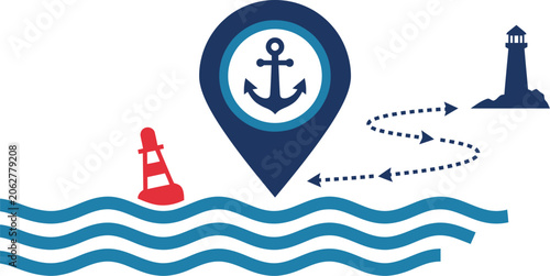 Anchor icon marks a maritime navigational route leading toward a lighthouse near a red sea buoy.