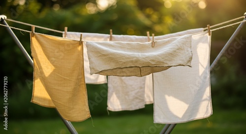 Warm Golden Hour Sunlight Illuminating Natural Linen Towels Drying on an Outdoor Clothesline