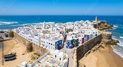 Aerial View of Asilah Medina in Morocco with Colorful Wall Murals, Historic Ramparts, and Atlantic Ocean