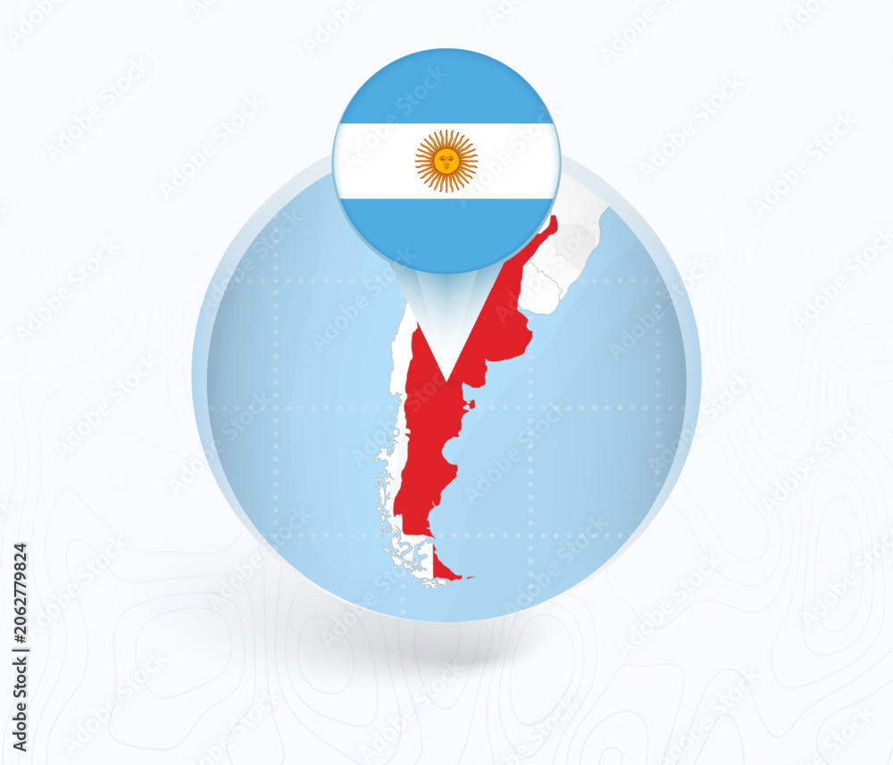 Obraz premium Argentina Map with Round Argentina Flag Pin Pointer on Circular Globe.