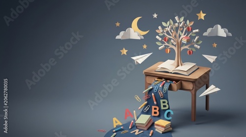 Creative back to school paper art concept with book tree growing from desk and alphabet letters pouring from drawer 