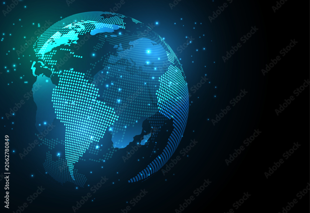Naklejka premium Digital dotted world globe with glowing network particles, tech concept for global communication