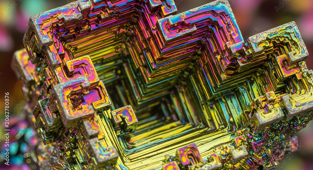 Fototapeta premium Vibrant Iridescent Bismuth Crystal Macro Abstract Geometric Structure and Metallic Colors